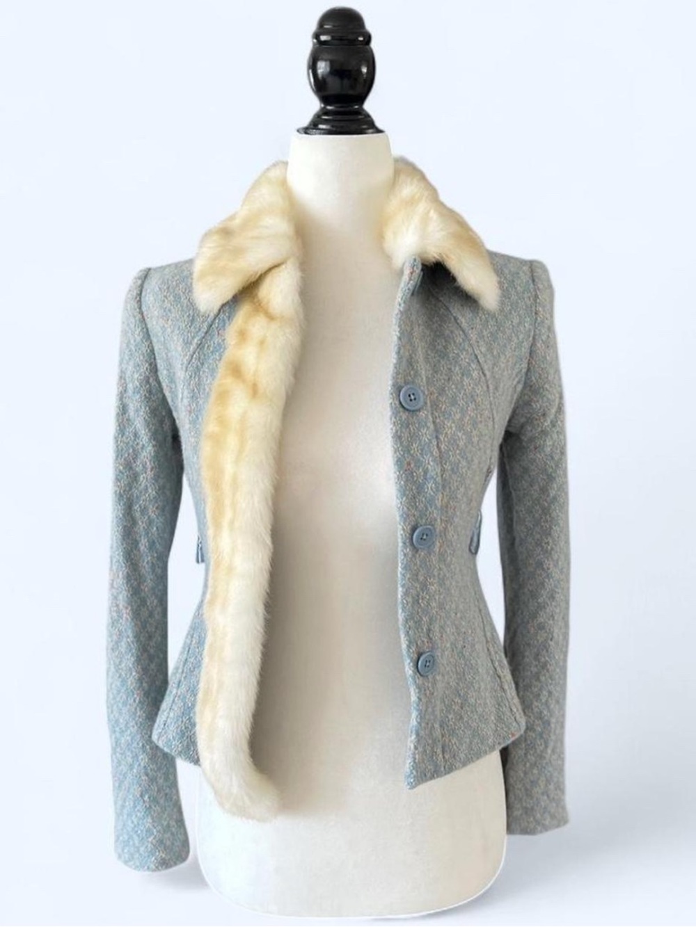 Women's Blue Tweed Jacket with Cream Faux Fur Trim